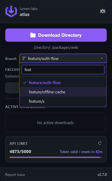 GSD toolbar popup in dark mode searching branches, with feature/auth-flow selected for a directory download