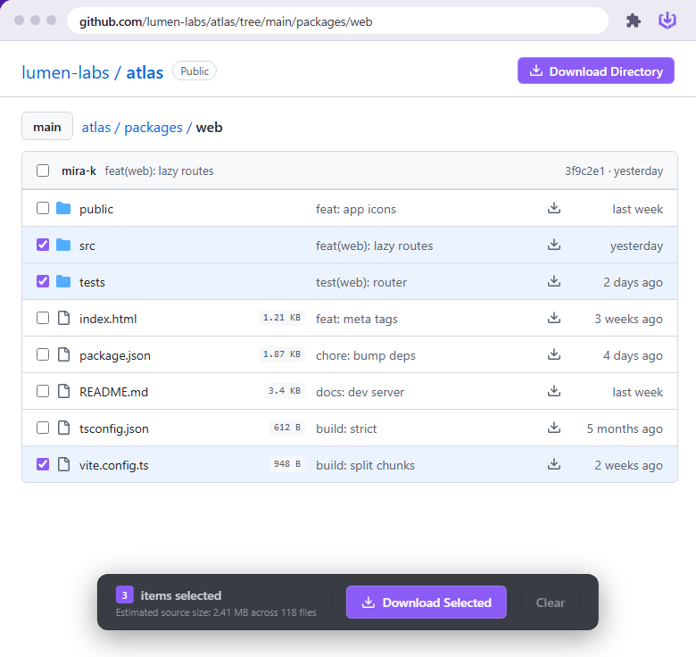 GitHub file list with GSD checkboxes and file sizes, three items selected, and a Download Selected bar showing the estimated size
