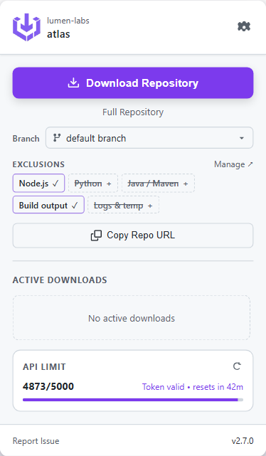 GitHub Smart Downloader toolbar popup with a Download Repository button, branch picker, exclusion packs, and GitHub API limit
