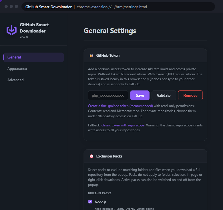 GSD settings page with the GitHub Token card recommending a fine-grained read-only token, and the Exclusion Packs card